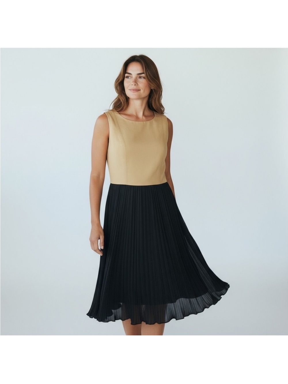 Calvin Klein Dress Sz 4 Beige Black Pleated Midi Fit Flare Classic Elegant